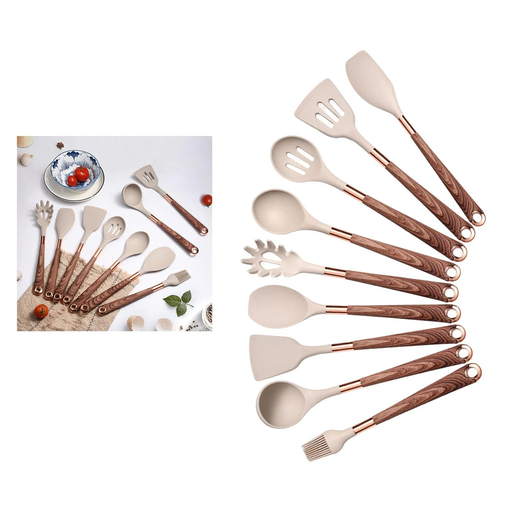 9pcs Silicone Kitchen Utensils Set with Brown Handle Q8771