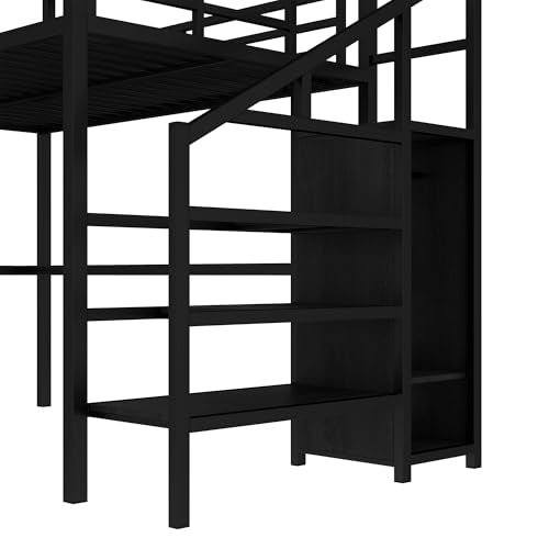 Full Size Black Metal Loft Bed with Desk and Wardrobe U342059