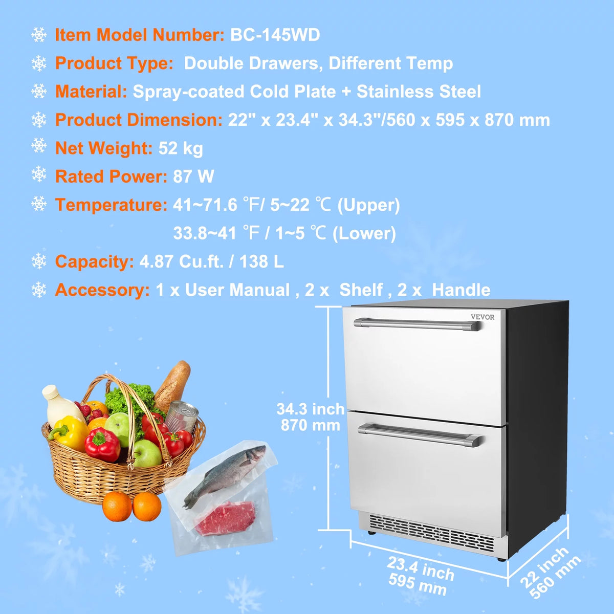 24 2 Drawer Stainless Steel Undercounter Refrigerator Q681