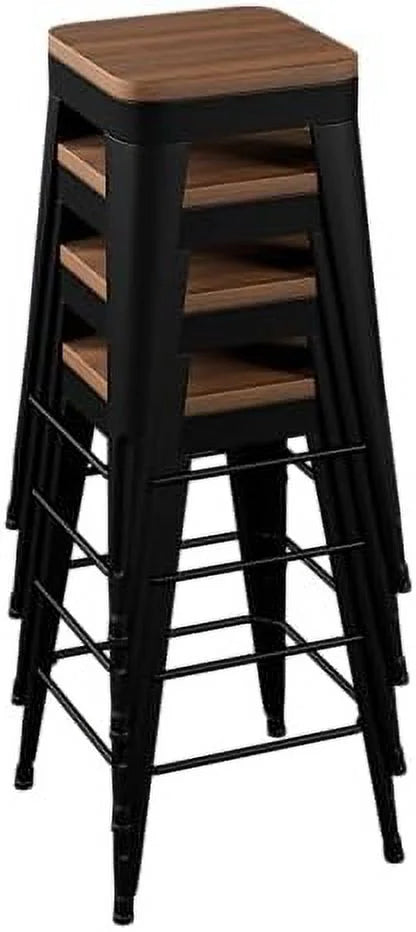Set of 4 Metal Counter Height Stools with Back and Wooden Seat Y871