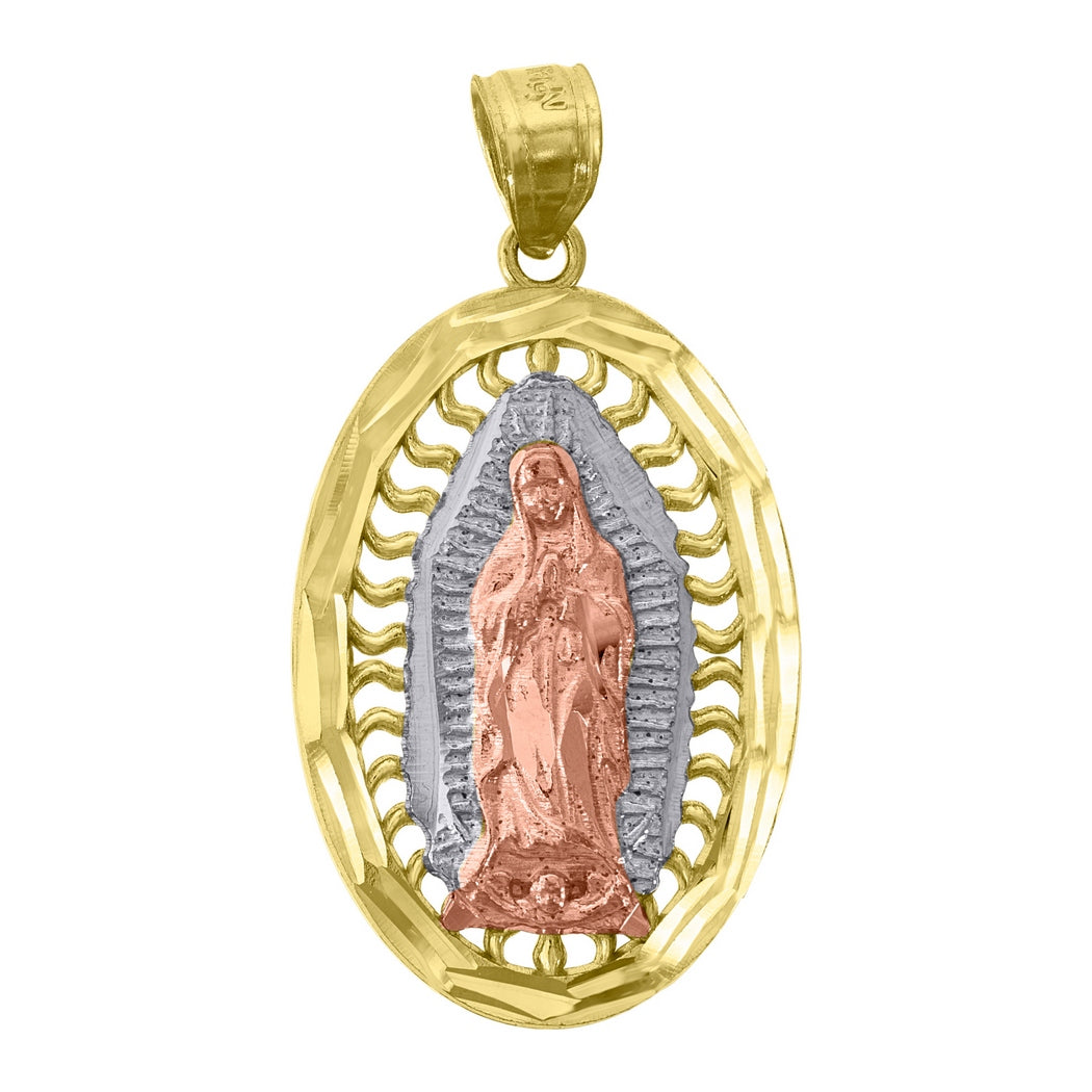 14k Gold Tri color Guadalupe Mary Oval Pendant Necklace G171