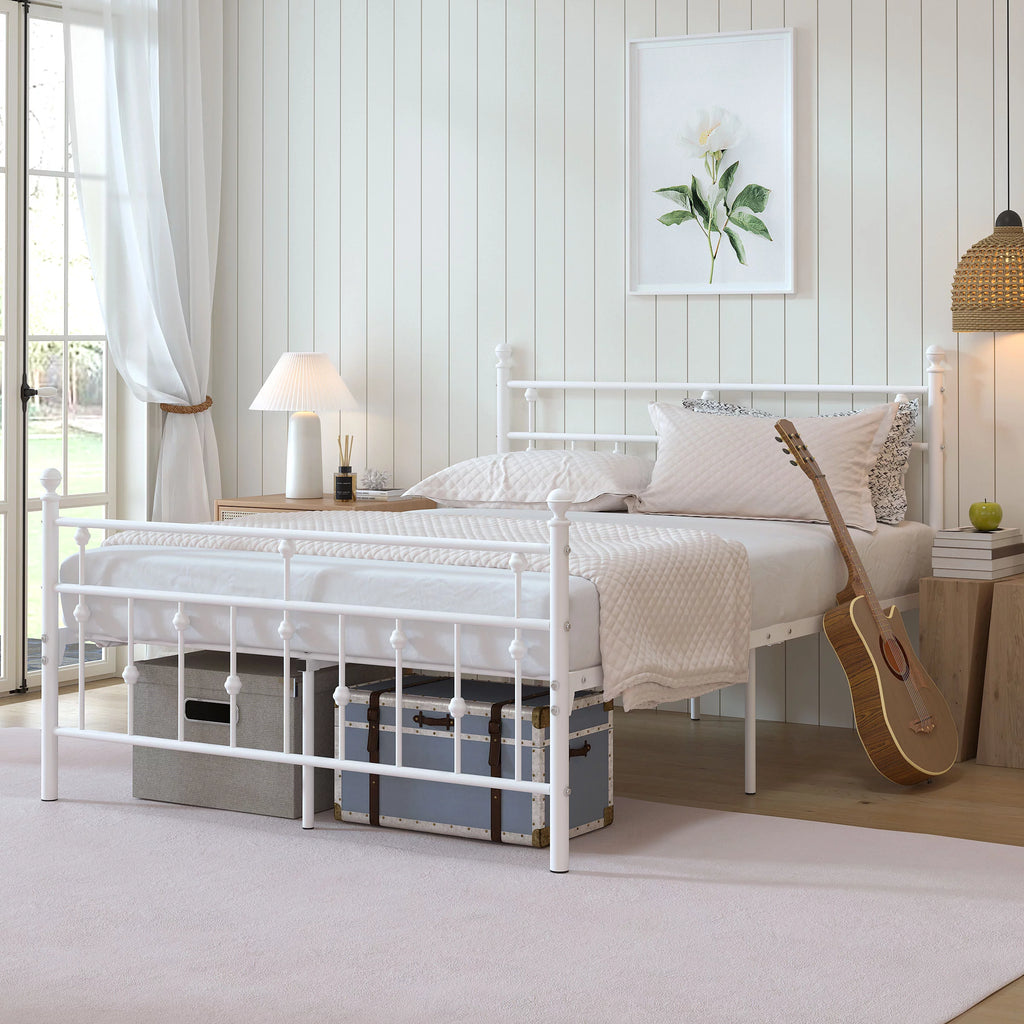 White Full Size Metal Platform Bed Frame with Headboard V146093