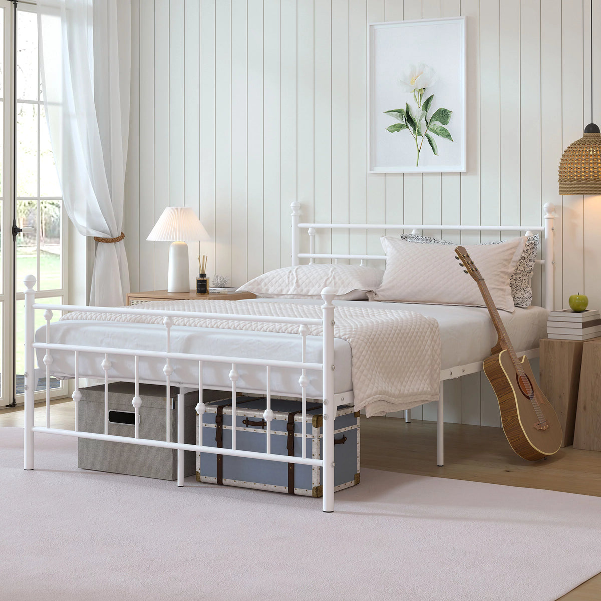 White Full Size Metal Platform Bed Frame with Headboard V146093