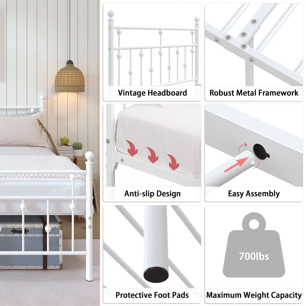 White Full Size Metal Platform Bed Frame with Headboard V146093