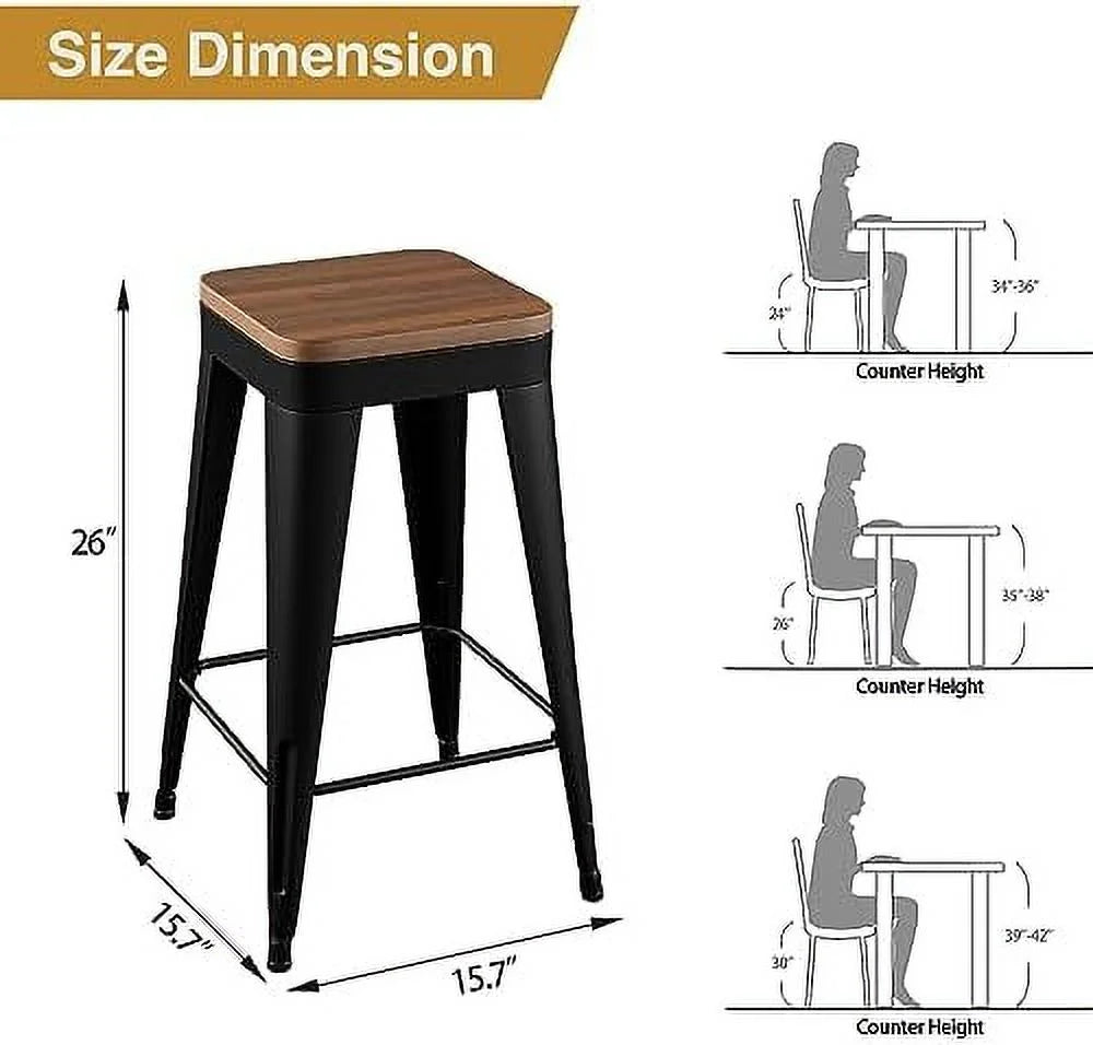 Set of 4 Metal Counter Height Stools with Back and Wooden Seat Y871