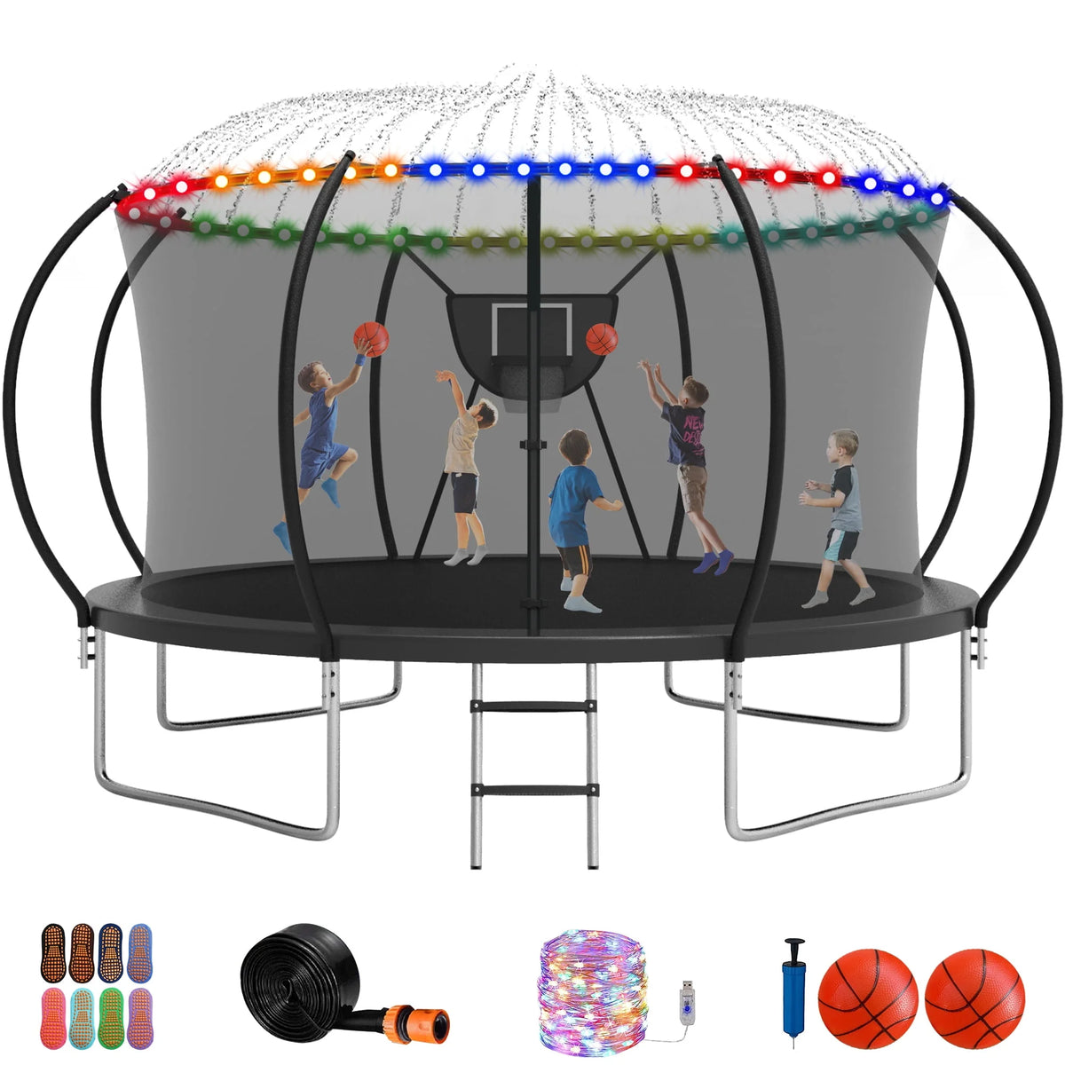 12FT 14FT Trampoline with Enclosure, Basketball Hoop, LED Light and Sprinkler U439