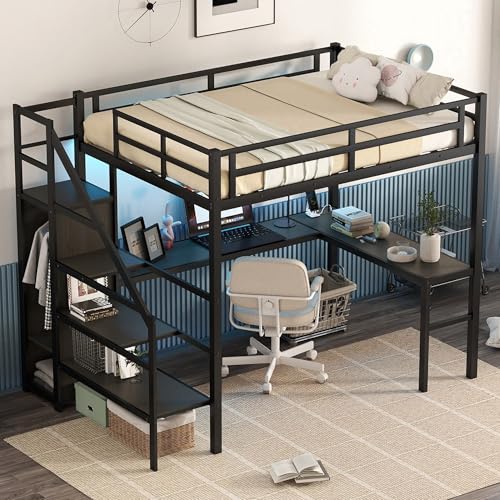 Full Size Black Metal Loft Bed with Desk and Wardrobe U342059