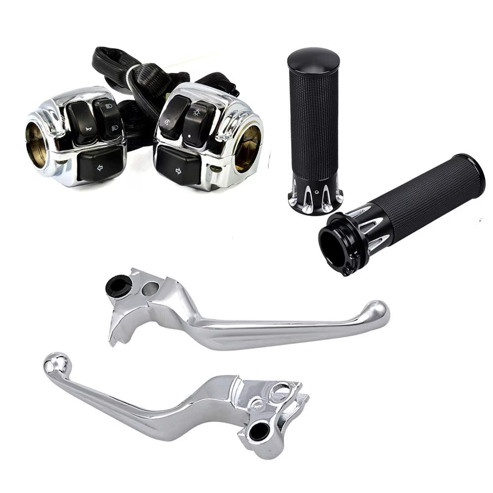 1" Chrome Handlebar Switches Control Horn On/Off Kit Brake Clutch Hand Levers Black CNC Hand Grips E679798