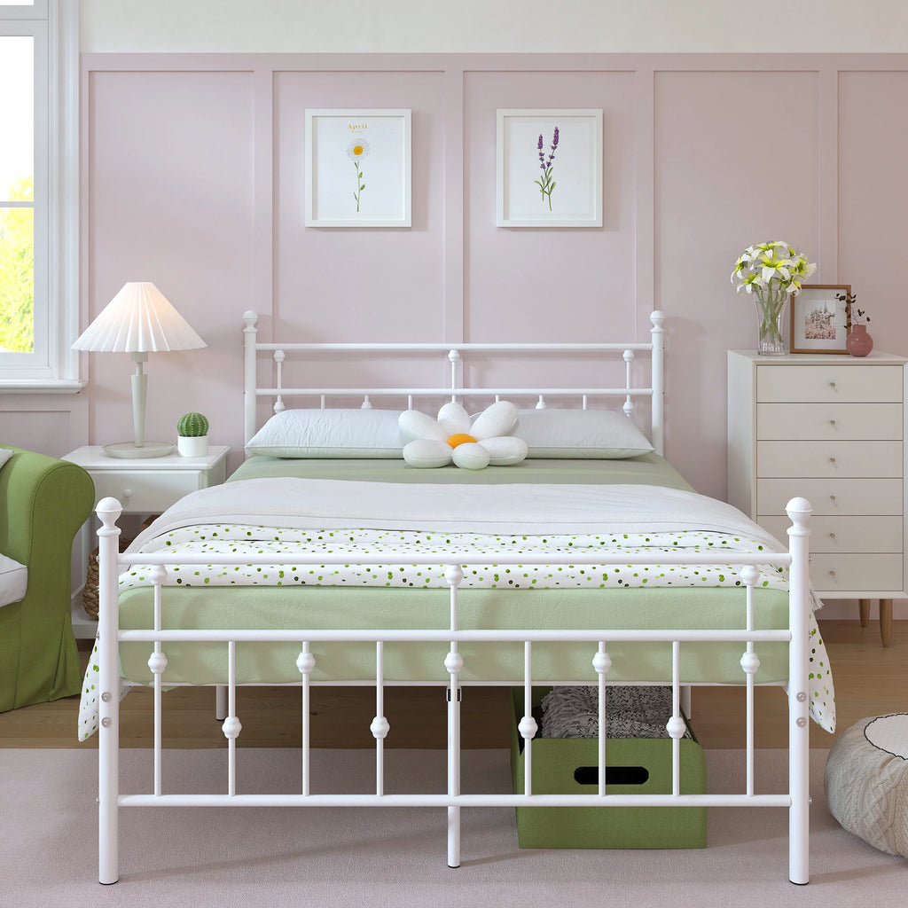 White Full Size Metal Platform Bed Frame with Headboard V146093