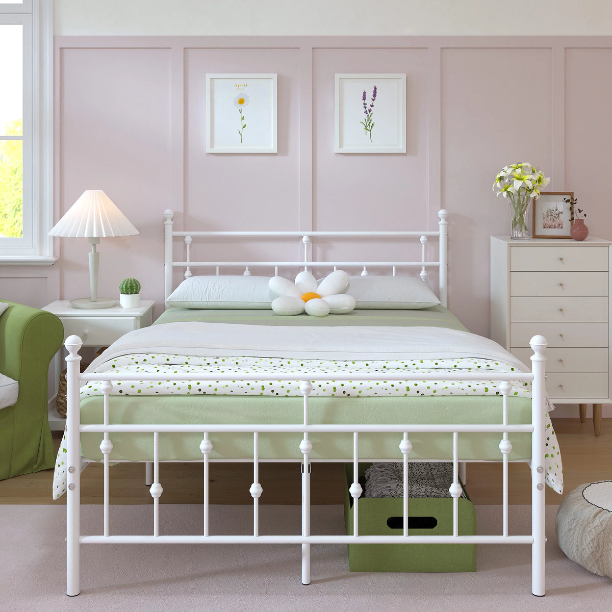 White Full Size Metal Platform Bed Frame with Headboard V146093