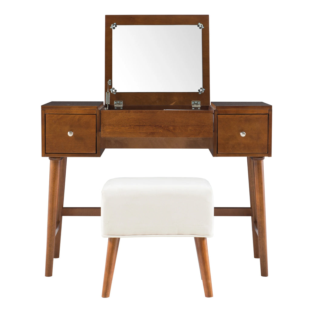 Walnut Finish 2-Piece Vanity Set with Flip-Top Mirror and Bench V17382