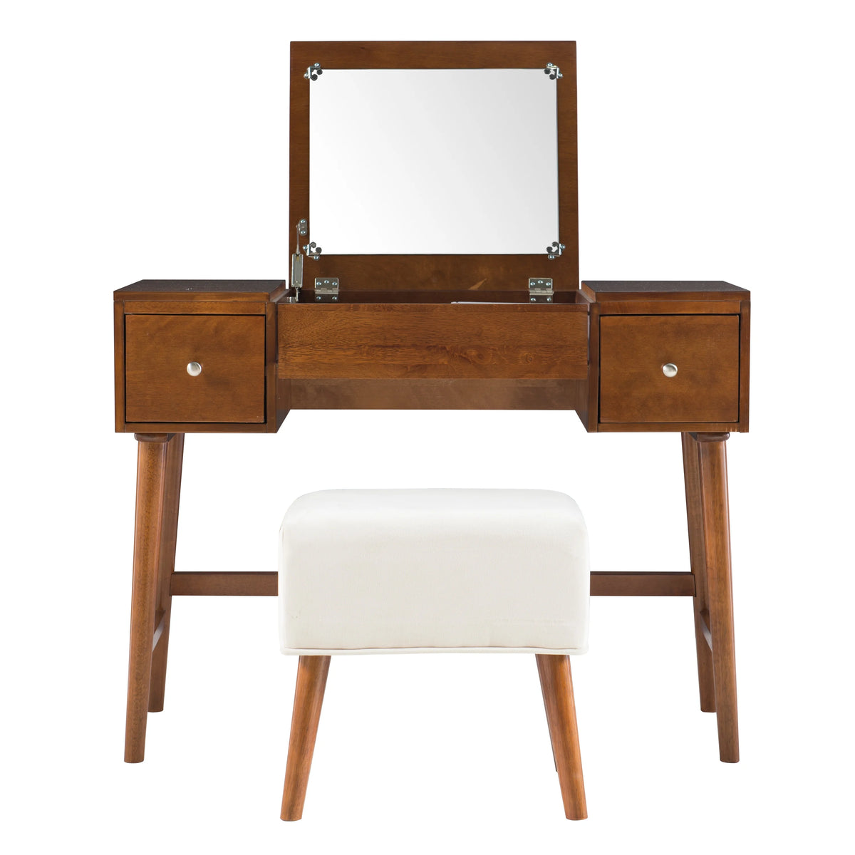 Walnut Finish 2-Piece Vanity Set with Flip-Top Mirror and Bench V17382